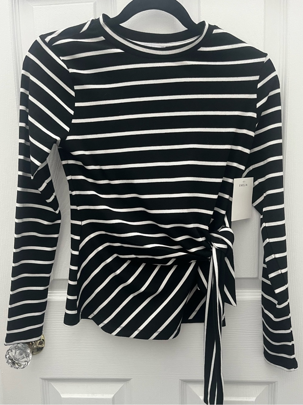 Emelia Black & White Striped Tie-Waist Long Sleeve Ribbed Top